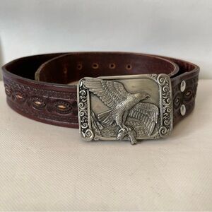 Vintage Siskiyou Eagle Belt Buckle Brown Tooled Leather Belt